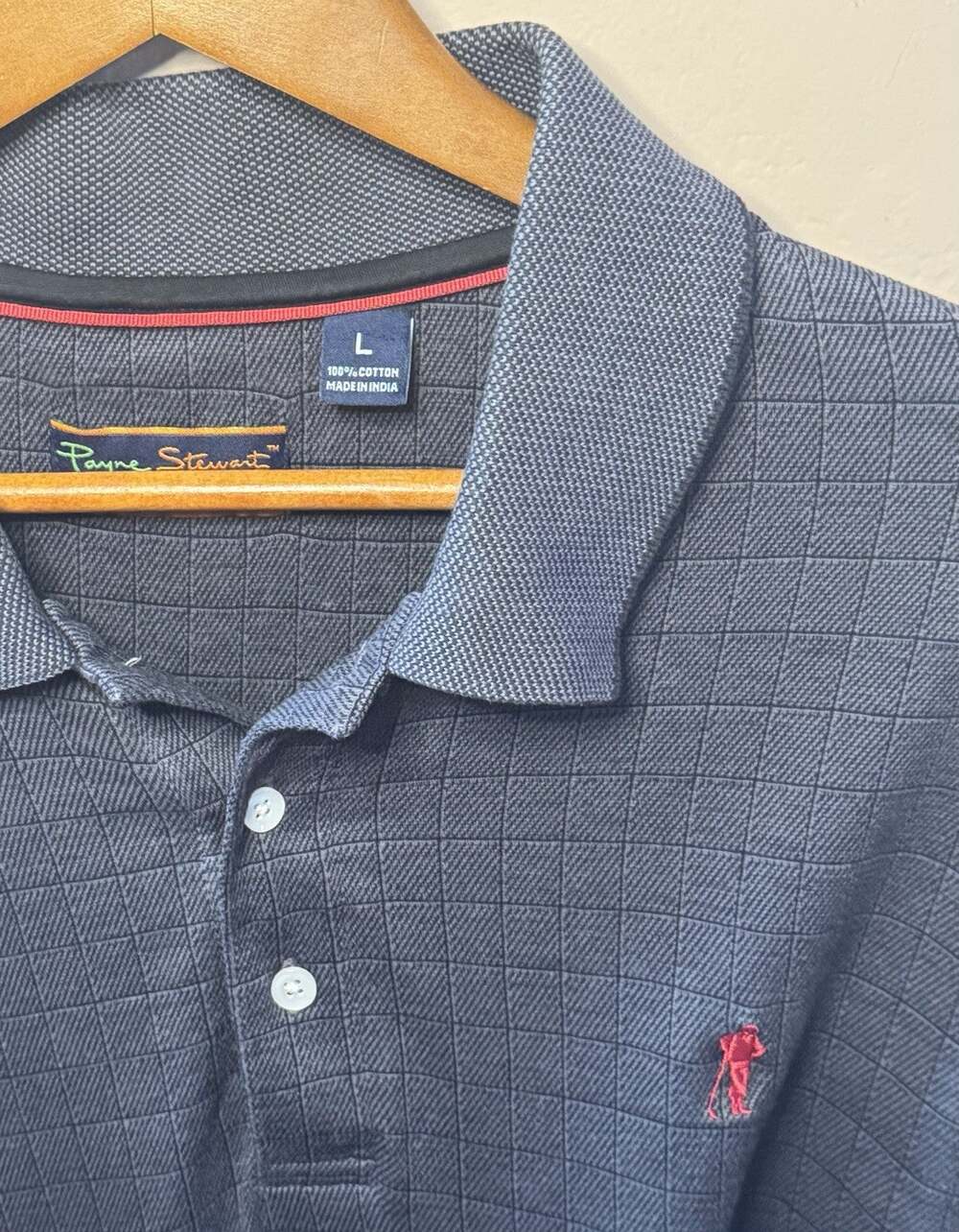 Payne Stewart Legacy Polo Shirt Mens Large Blue Windowpane Long Sleeve Cotton
